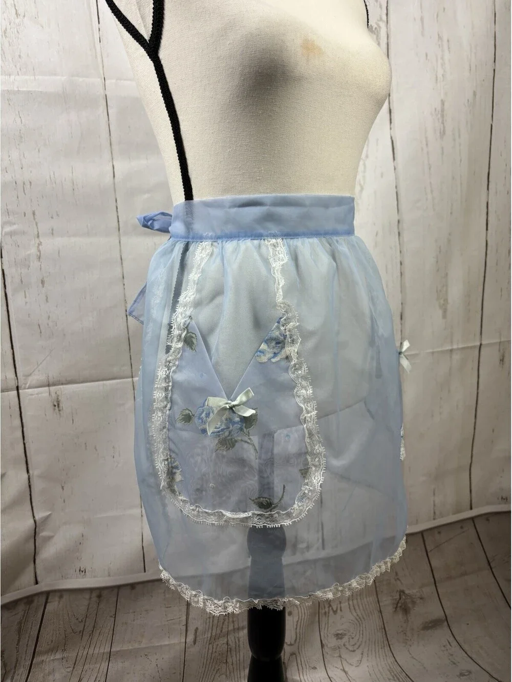 VTG 50s Hostess Half Apron Blue Organza White Trim Blue Roses Applications